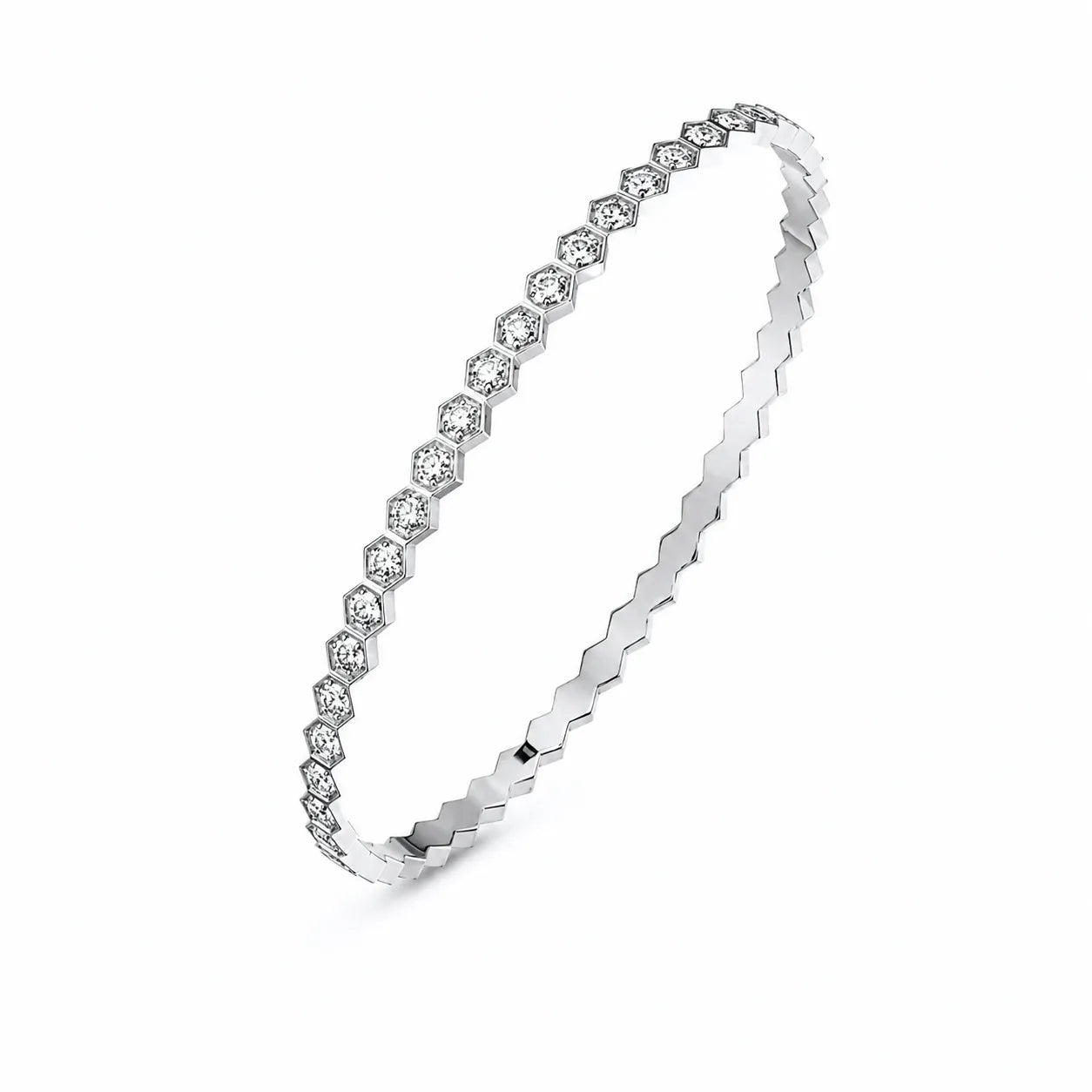 Tennis Bangle 925 Sterling Silver Cubic Zirconia Geometric Faceted Edge Design