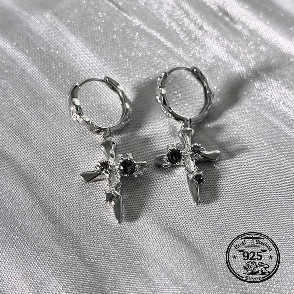 Cross Drop Earrings in 925 Sterling Silver with Textured Hoops