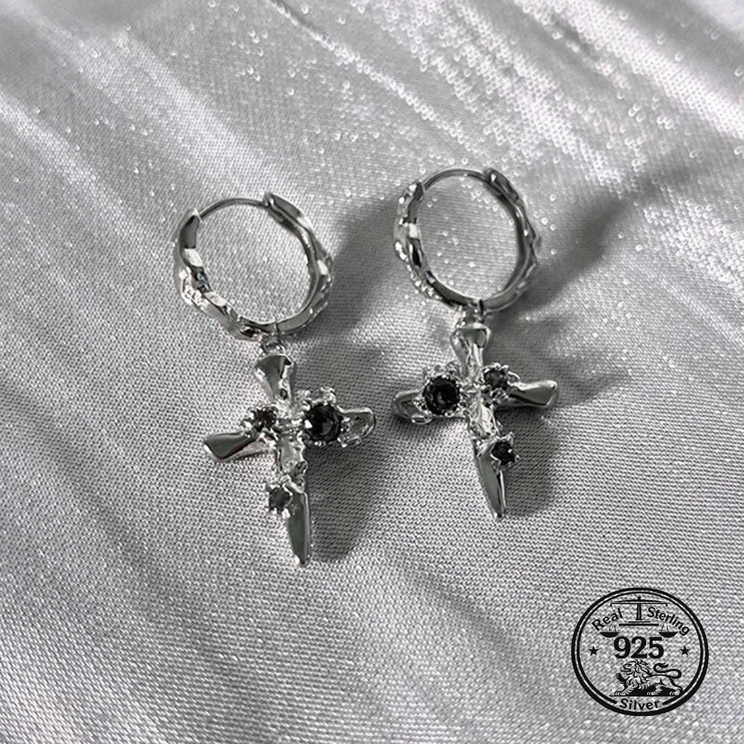 Cross Drop Earrings in 925 Sterling Silver with Textured Hoops