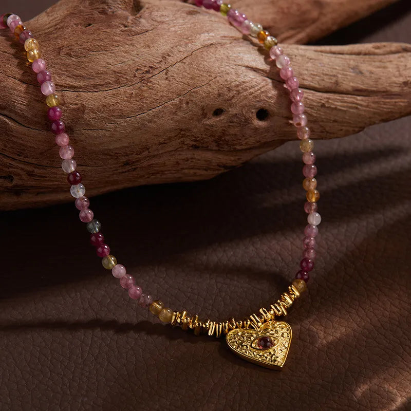 Tourmaline Necklace 925 Sterling Silver Heart Pendant with Beaded Gemstone Strand