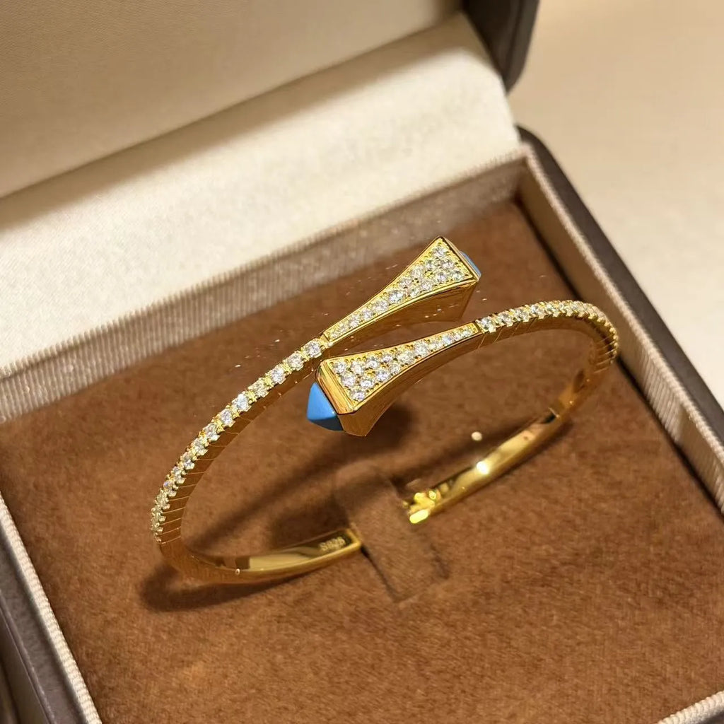 Turquoise Cuff Bracelet 925 Sterling Silver 18K Gold Plated Open Bangle Vintage Style