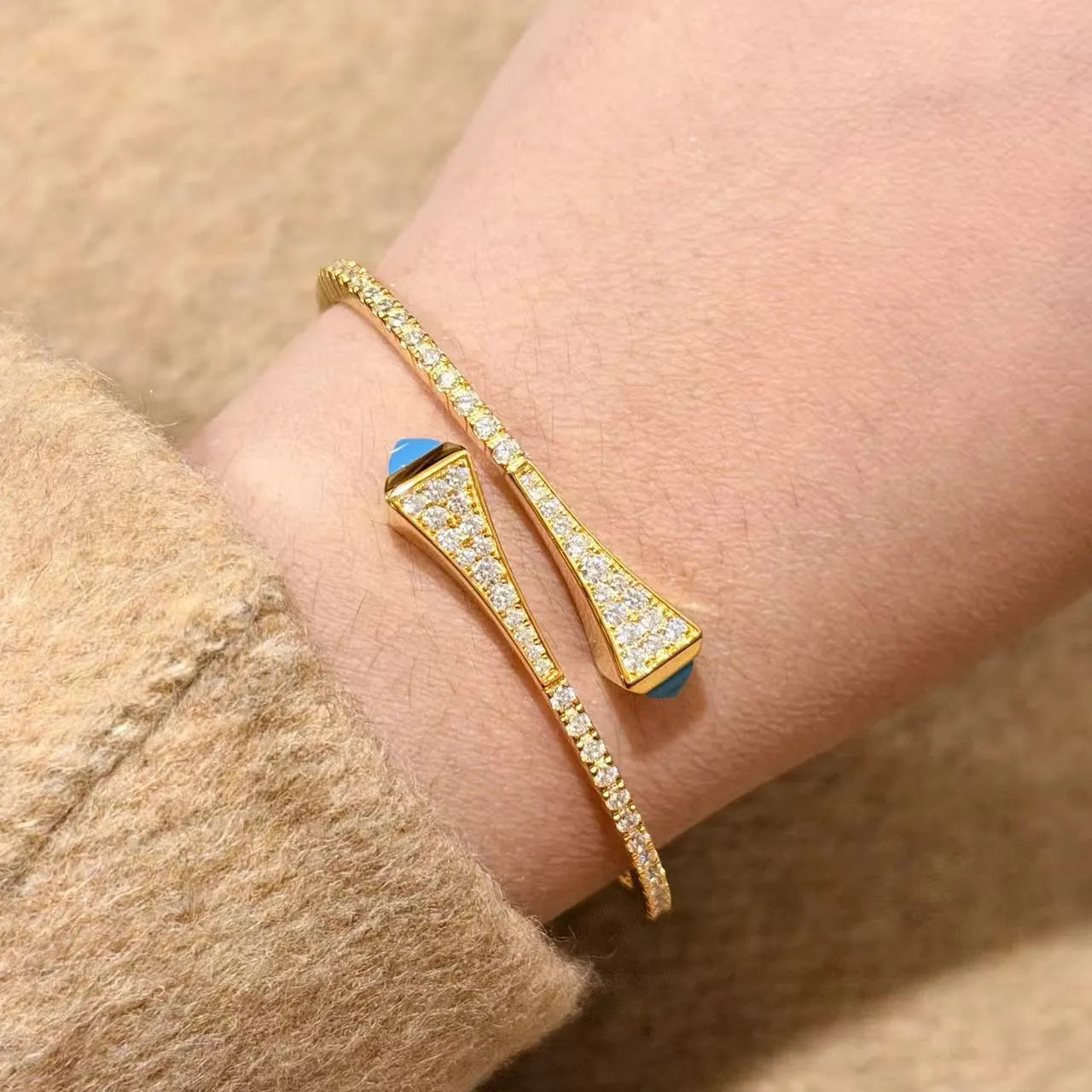 Turquoise Cuff Bracelet 925 Sterling Silver 18K Gold Plated Open Bangle Vintage Style