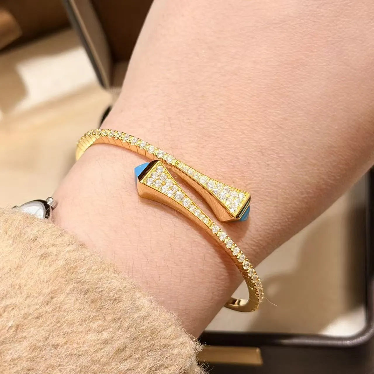 Turquoise Cuff Bracelet 925 Sterling Silver 18K Gold Plated Open Bangle Vintage Style