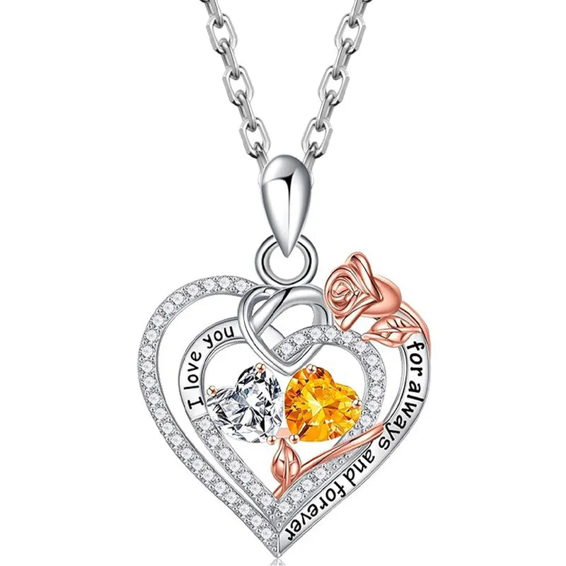 Two Birthstone Necklace 925 Sterling Silver Heart Pendant With Two Cubic Zirconia Heart Stones