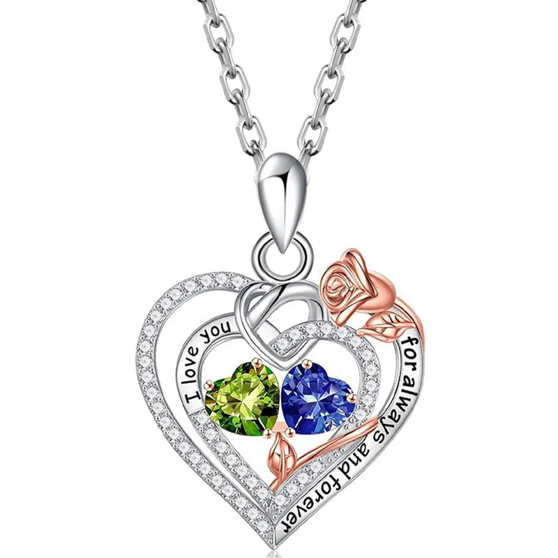 Two Birthstone Necklace 925 Sterling Silver Heart Pendant With Two Cubic Zirconia Heart Stones
