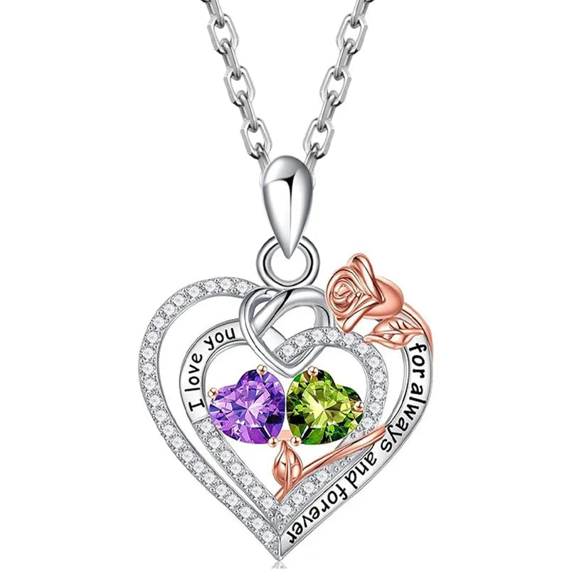 Two Birthstone Necklace 925 Sterling Silver Heart Pendant With Two Cubic Zirconia Heart Stones