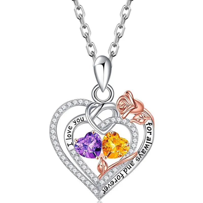 Two Birthstone Necklace 925 Sterling Silver Heart Pendant With Two Cubic Zirconia Heart Stones