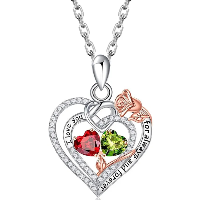 Two Birthstone Necklace 925 Sterling Silver Heart Pendant With Two Cubic Zirconia Heart Stones