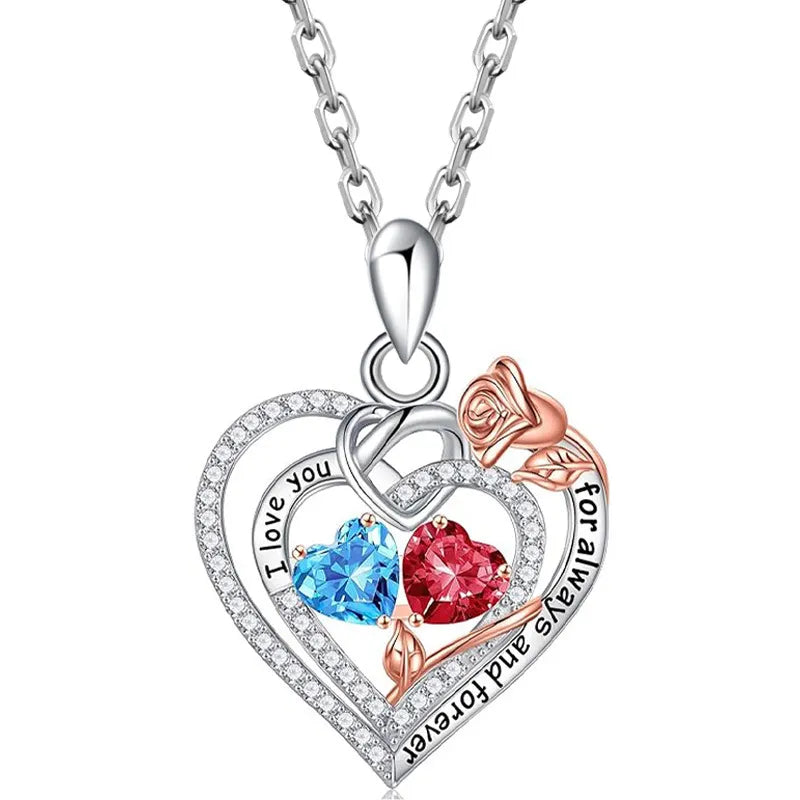 Two Birthstone Necklace 925 Sterling Silver Heart Pendant With Two Cubic Zirconia Heart Stones