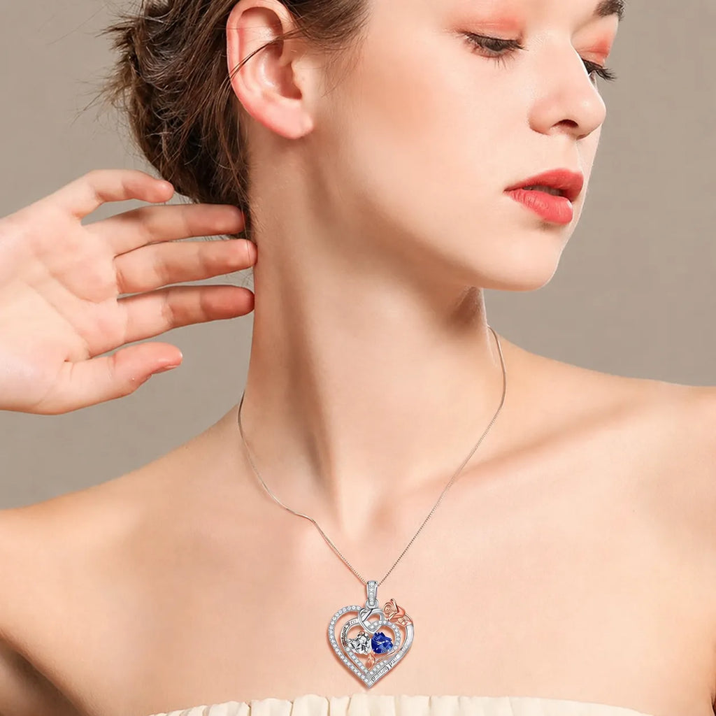 Two Birthstone Necklace 925 Sterling Silver Heart Pendant With Two Cubic Zirconia Heart Stones