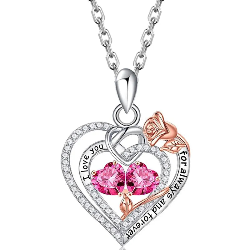Two Birthstone Necklace 925 Sterling Silver Heart Pendant With Two Cubic Zirconia Heart Stones