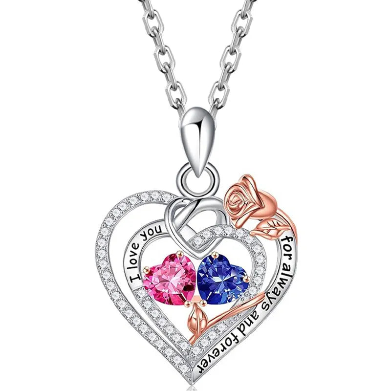 Two Birthstone Necklace 925 Sterling Silver Heart Pendant With Two Cubic Zirconia Heart Stones