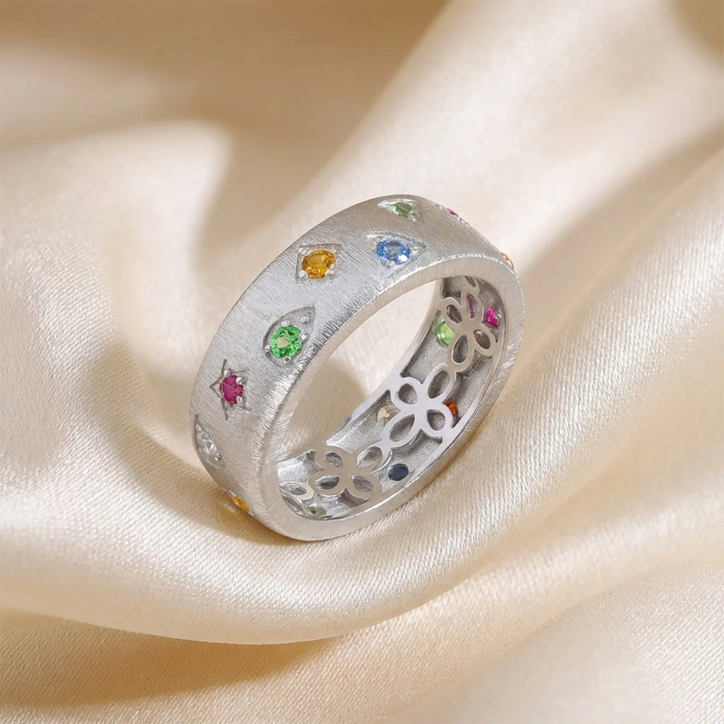 Vintage 925 Sterling Silver Wide Band Ring with Cubic Zirconia