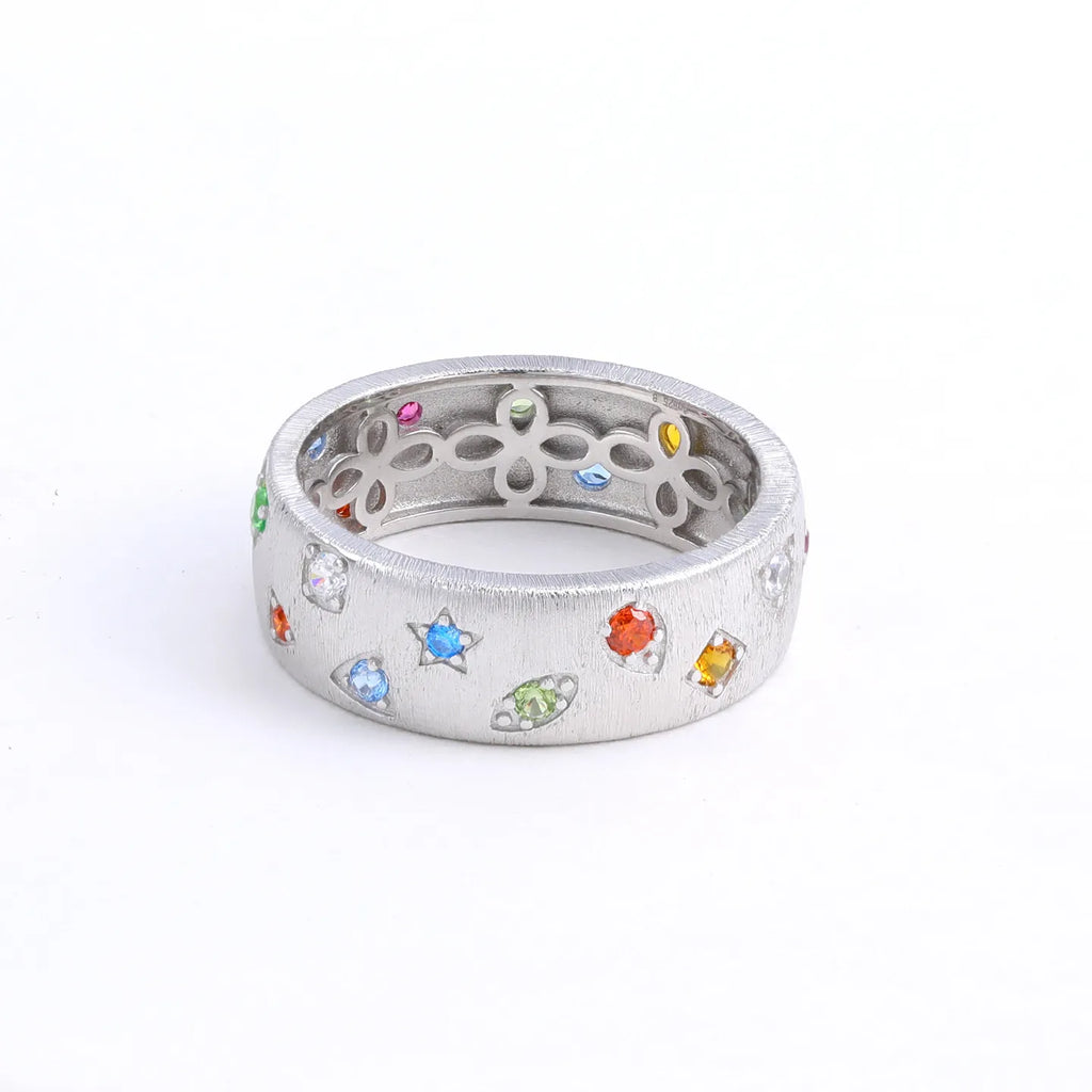 Vintage 925 Sterling Silver Wide Band Ring with Cubic Zirconia
