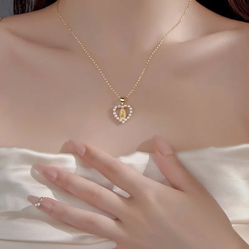 Virgin Mary Necklace Catholic Pearl Heart 925 Sterling Silver Gold Plated 18 Inch Adjustable