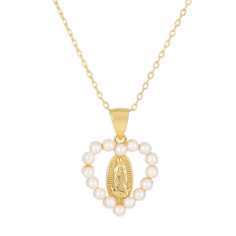 Virgin Mary Necklace Catholic Pearl Heart 925 Sterling Silver Gold Plated 18 Inch Adjustable