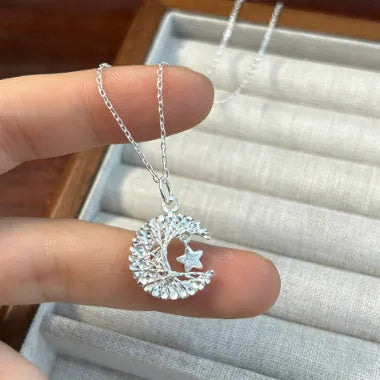 Moon And Star Necklace 925 Sterling Silver Woven Moon Design