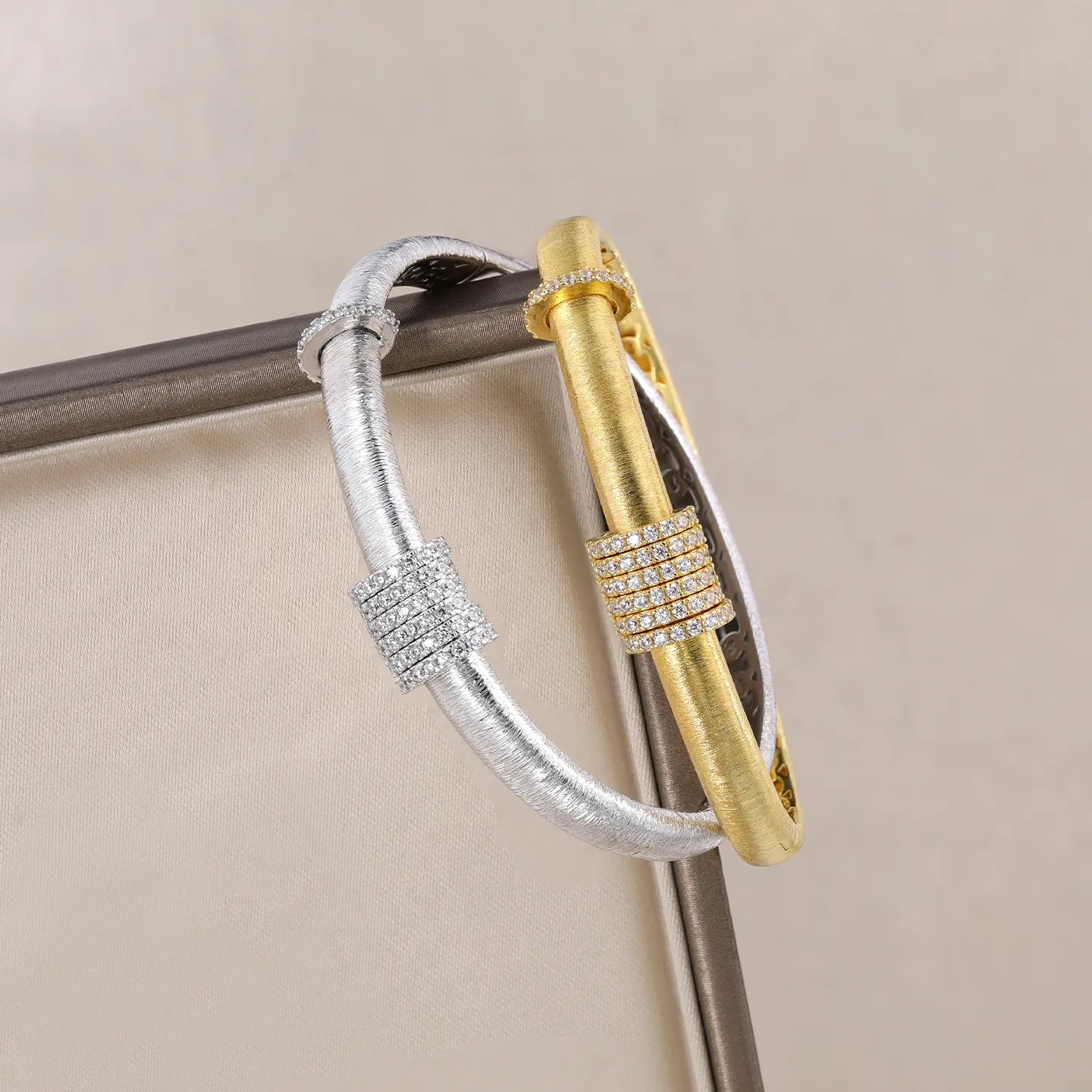 925 Sterling Silver Bangle Brushed Finish Cubic Zirconia Slider Accent