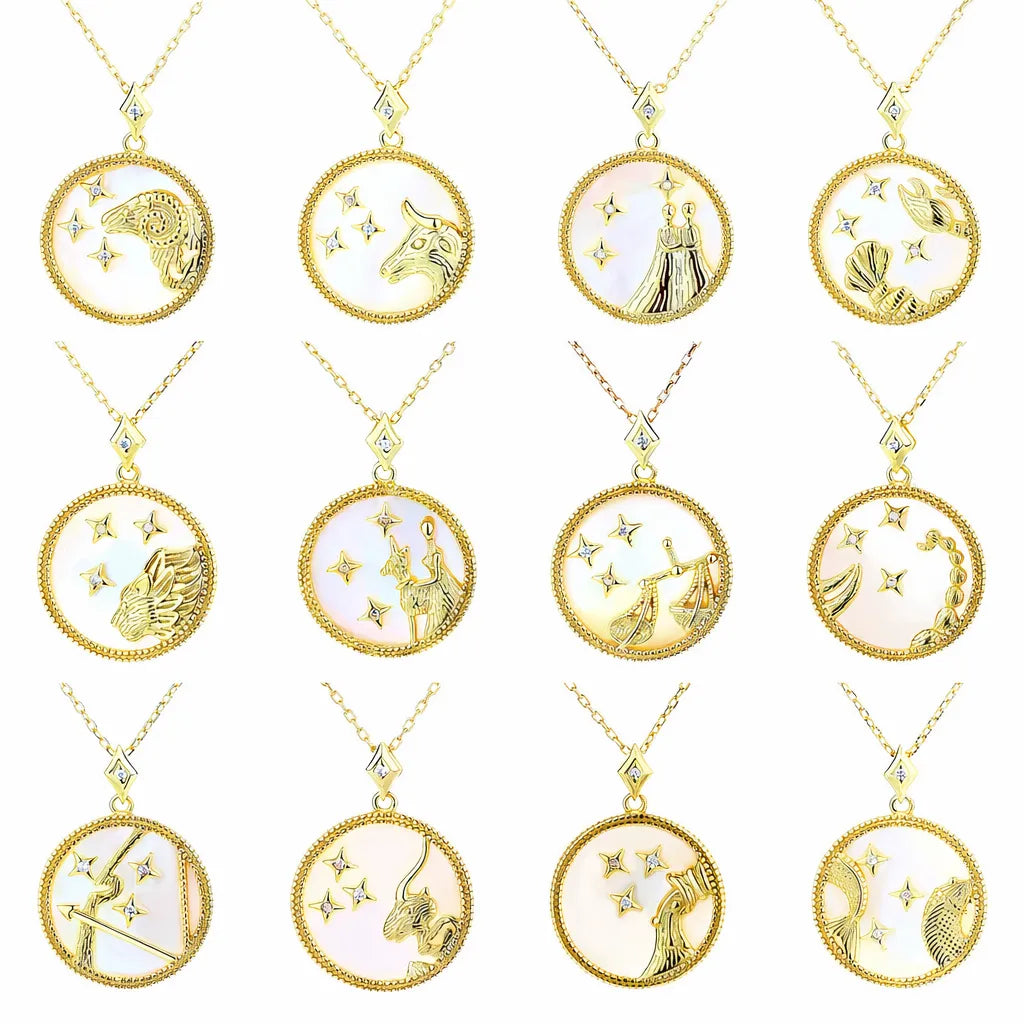 Zodiac Coin Pendant Necklace 925 Sterling Silver Gold